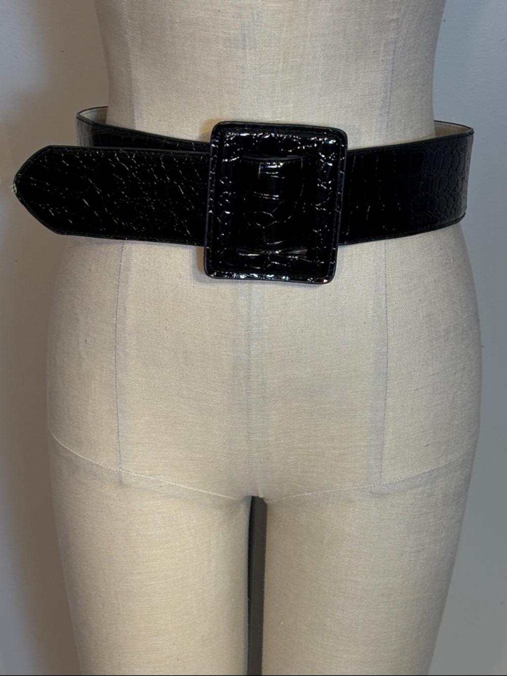 Betsey Johnson Wide Black Croc-Embossed Patent Leather Waist Belt